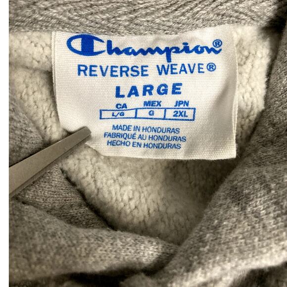 Champion Vintage Reverse Weave Hoodie Mens Large Heather Gray Spell Out Patch - Picture 6 of 13